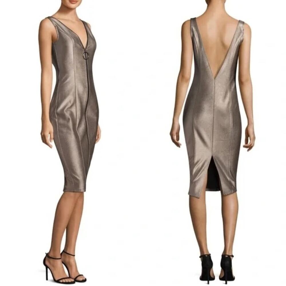 Y2K Misha Collection Metallic Gold Lois Zipper Front Midi Dress Size 6 EUC